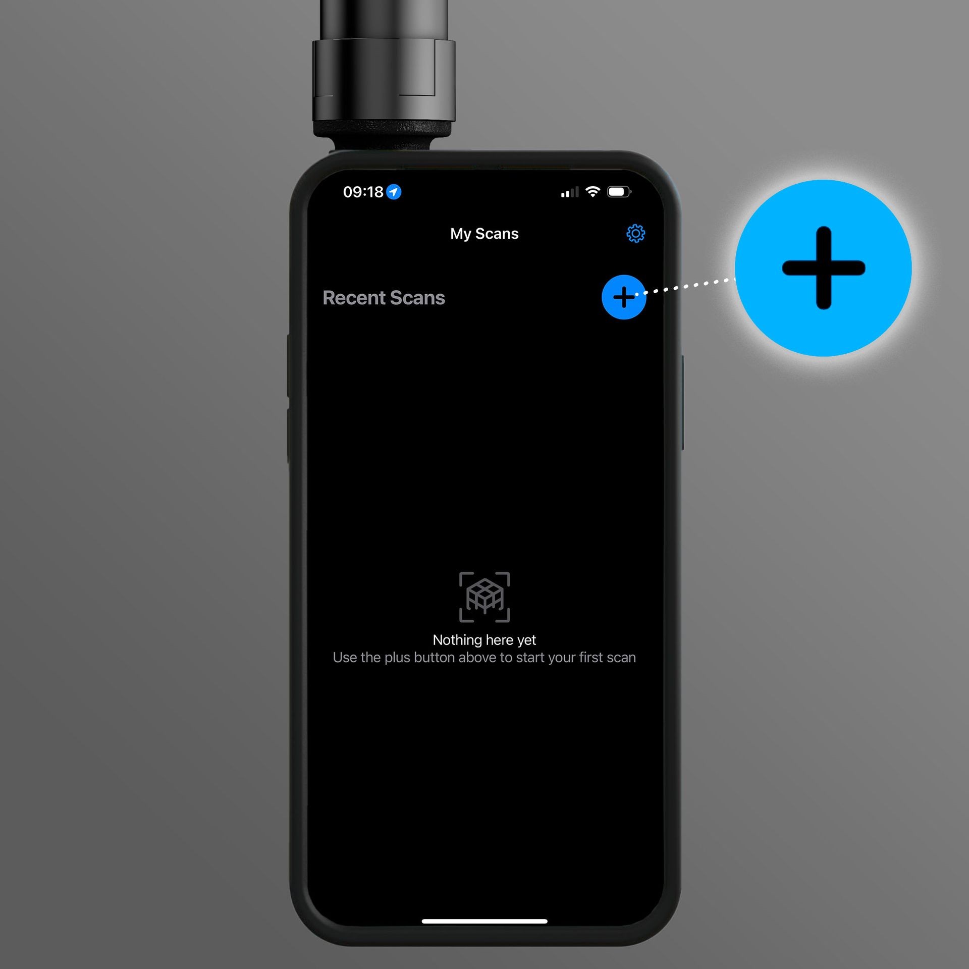 Smartphone screen displaying a scanning app interface with a blue highlighted plus button for starting scans.