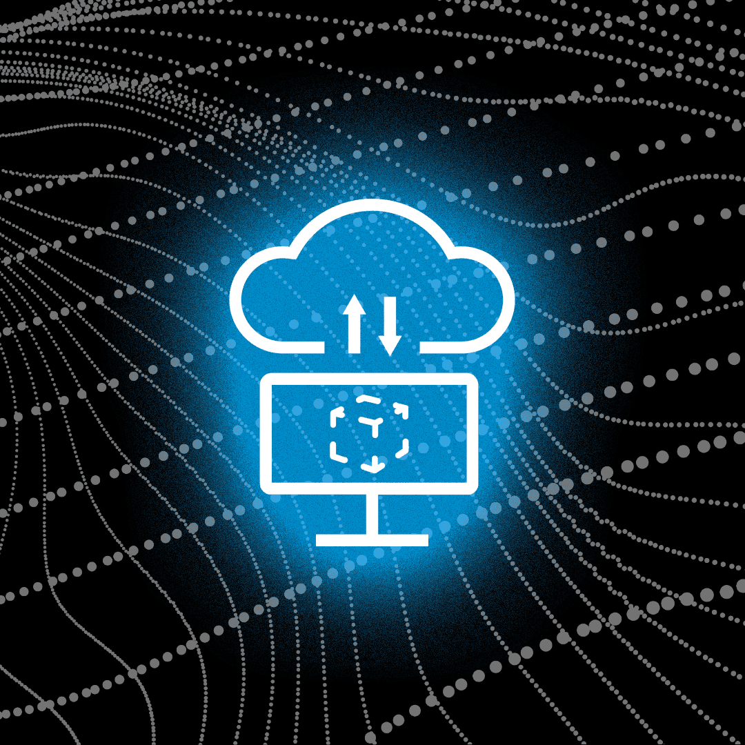 Digital illustration of cloud computing with data transfer arrows and abstract data dots on a dark background.