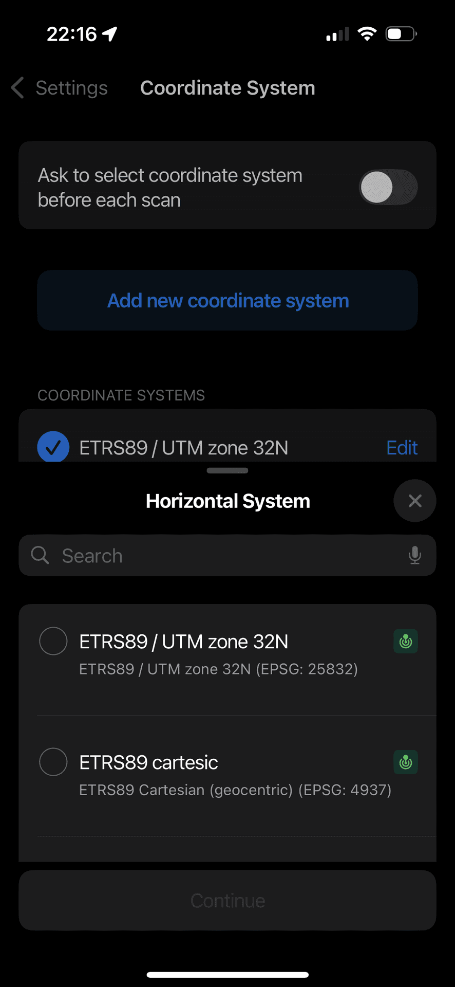 Coordinate system settings screen with ETRS89 UTM zone 32N selected.