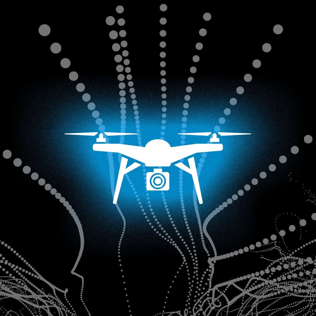 Graphic depiction of a white drone with beams of light and digital dots on a dark blue background.