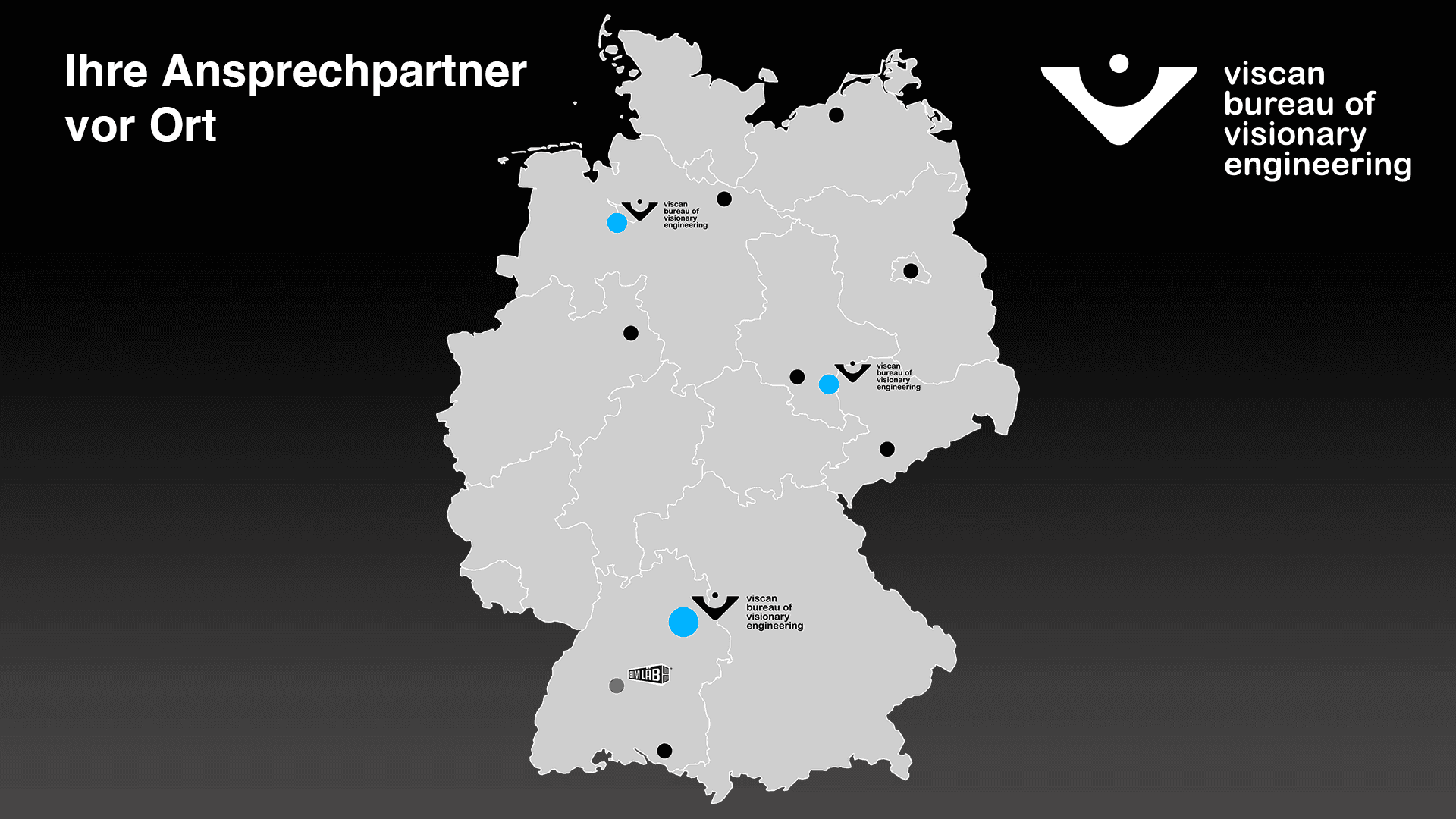 Map of Germany with various office locations marked, labeled 'viscan bureau of visionary engineering.'