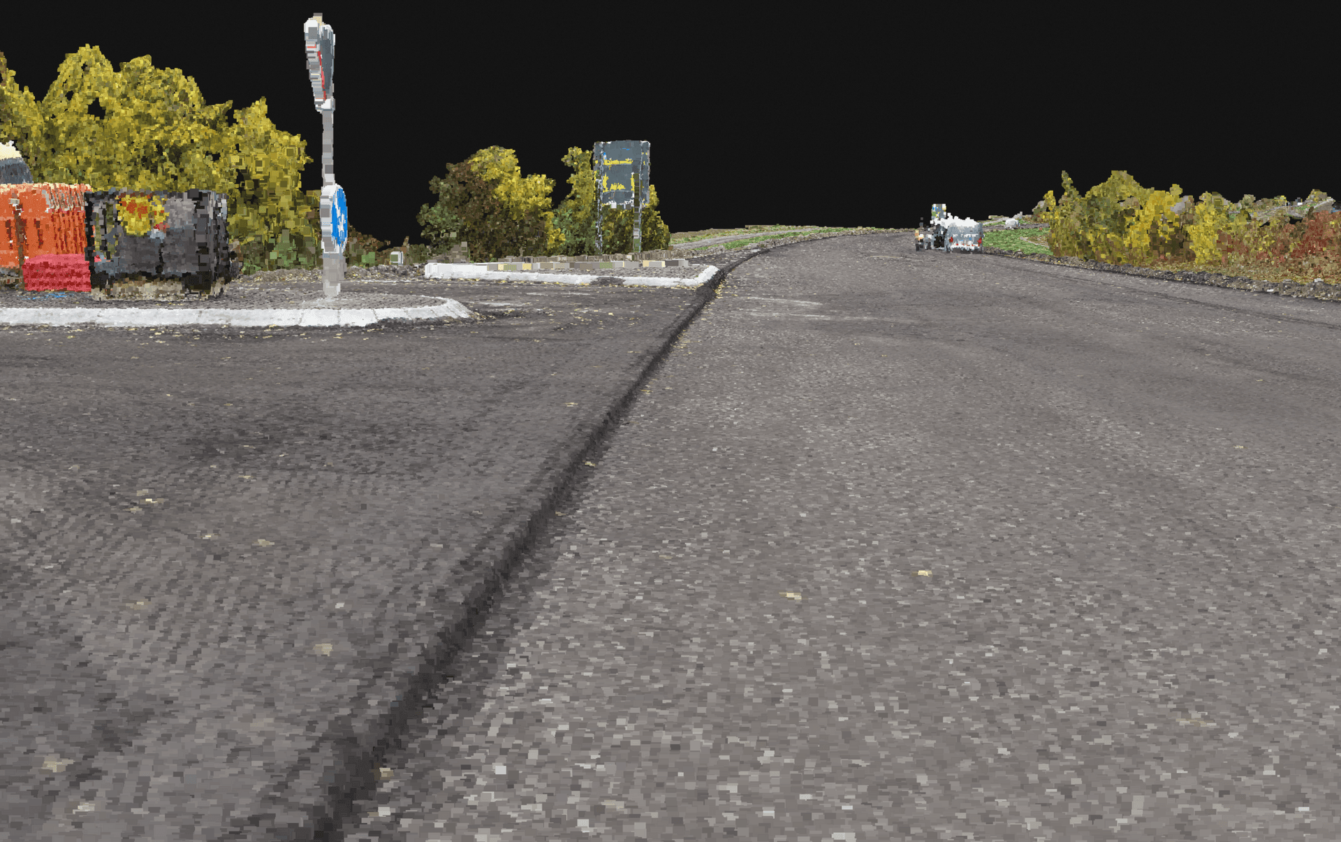 Pixelated image of a road with a curb and nearby trees, under a black sky.