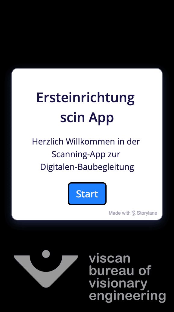 Welcome screen of a scanning app for digital construction support, featuring a start button.