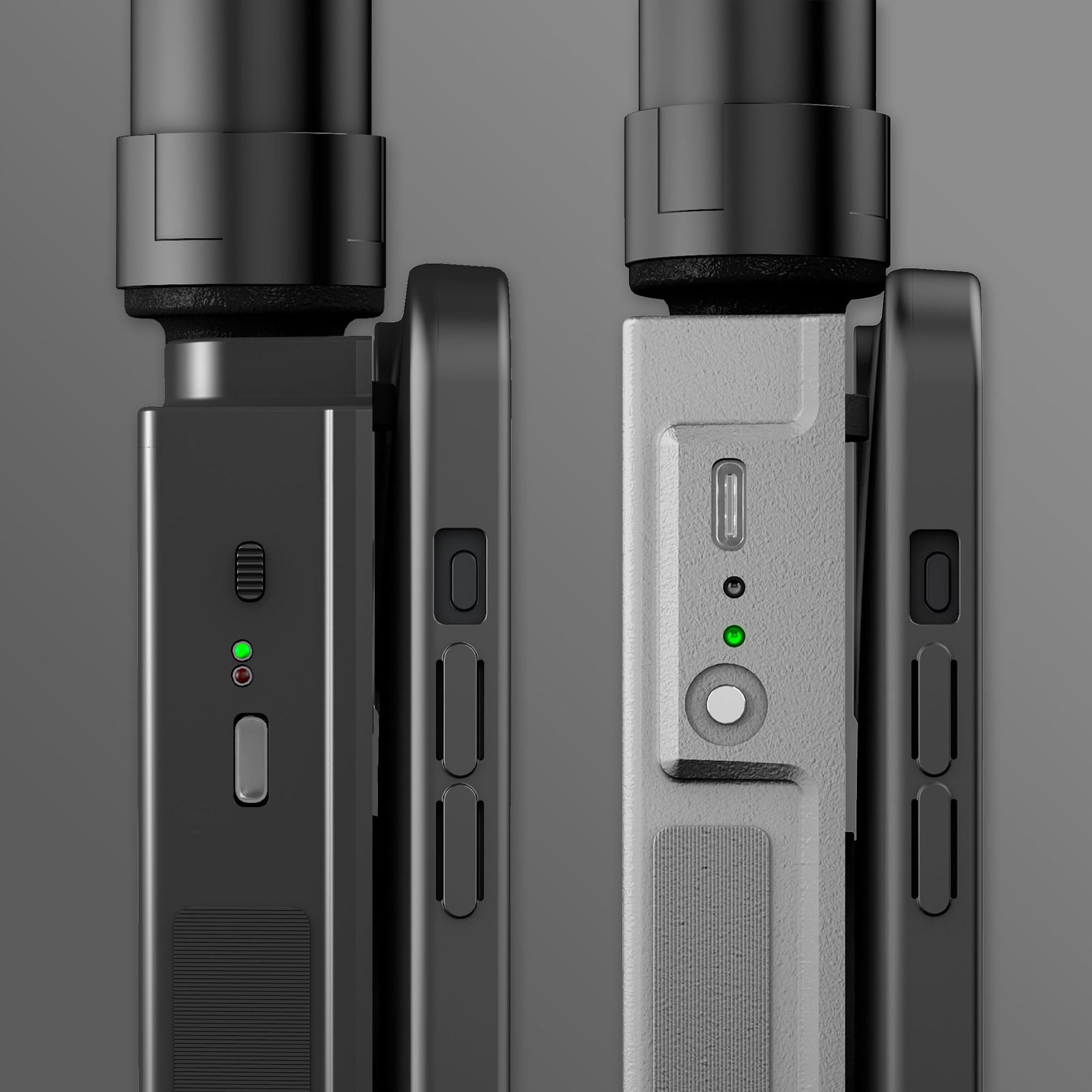 Close-up of two camera stabilizers with buttons and green indicator lights on a gray background.
