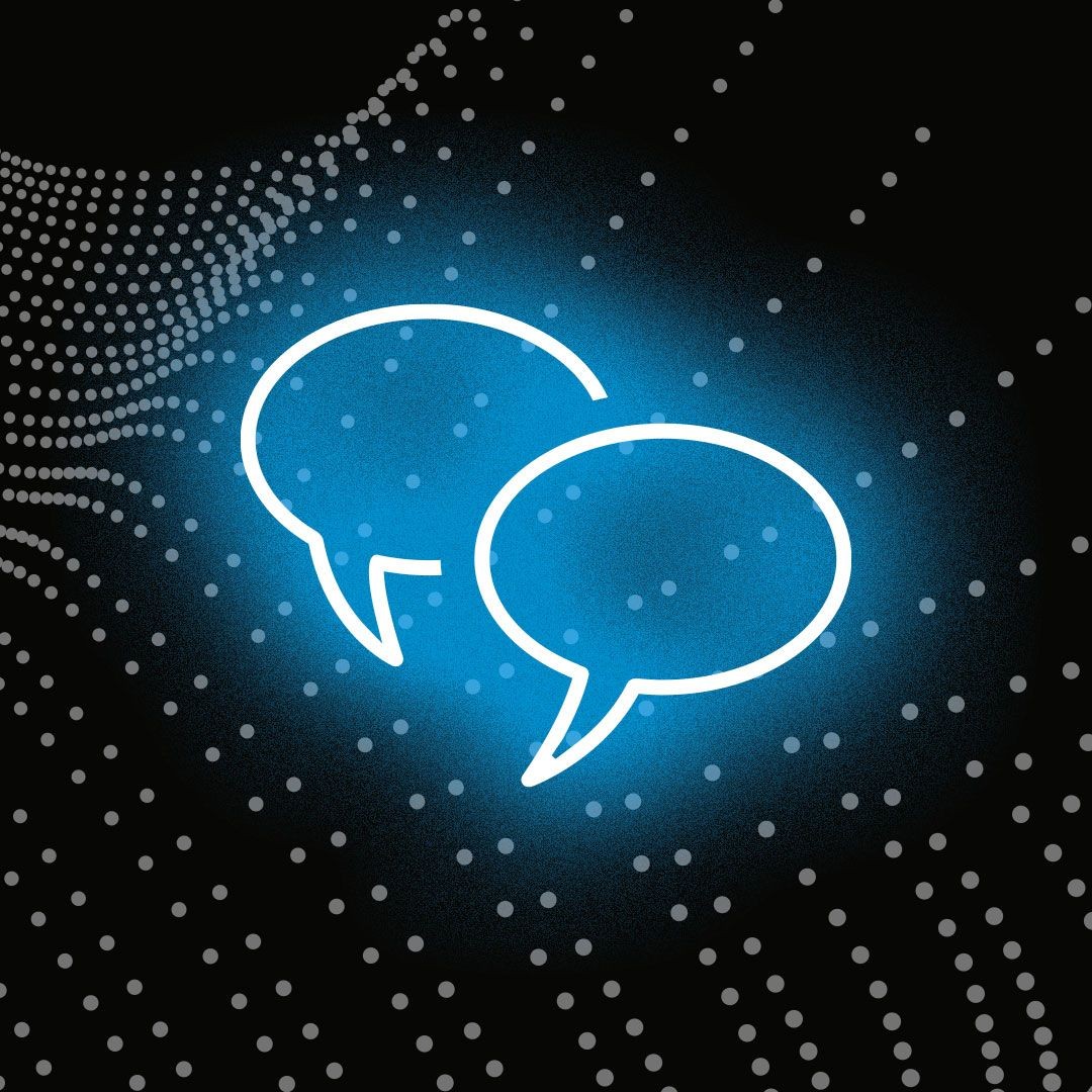 Illustration of two speech bubbles on a blue-lit background with scattered white dots representing digital communication.