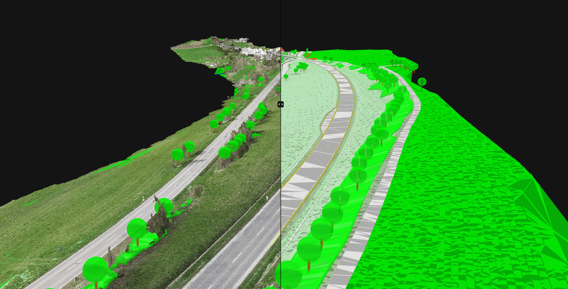 Side-by-side comparison of real-world road and its digital model showing detailed landscape and tree placement.