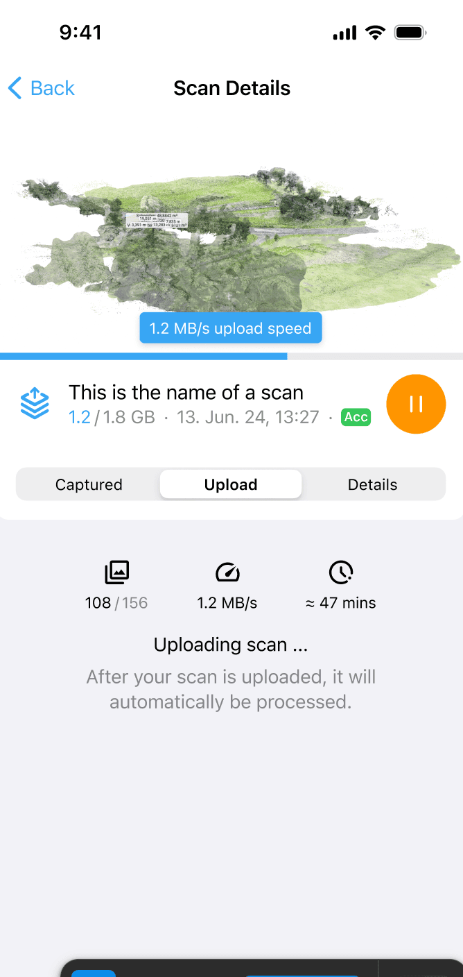 Mobile app uploading a scan file with progress bar and speed indicator.