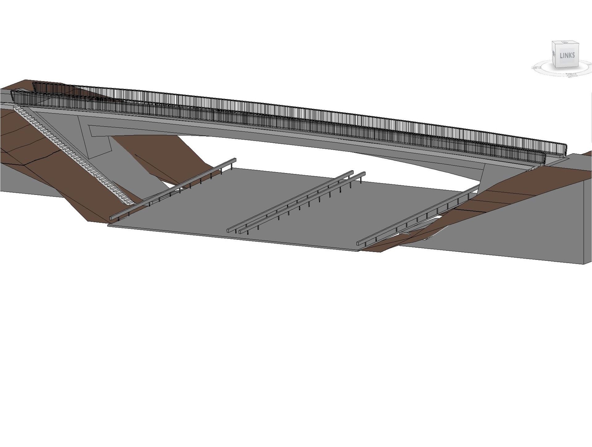 3D model of a bridge with pedestrian walkway, staircases, and ramps on both sides.